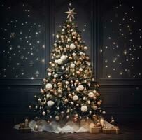 ai gegenereerd veel ornamenten sieren een groot Kerstmis boom, foto