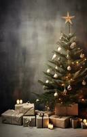 ai gegenereerd Kerstmis boom versierd met cadeaus en hout foto