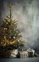 ai gegenereerd Kerstmis boom versierd met cadeaus en hout foto