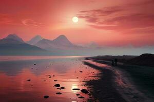 ai gegenereerd een sereen strand tafereel Bij zonsondergang met een paar wandelen langs de oever. de lucht is een diep roze en oranje kleur met de zon instelling over- de bergen in de achtergrond. foto