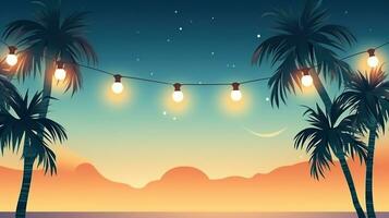 ai gegenereerd zomer nacht partij strand palmen met licht lamp slingers. groot copyspace Oppervlakte, buiten het centrum samenstelling foto