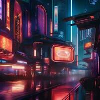 ai gegenereerd een futuristische cyberpunk-thema stadsgezicht met neon lichten en foto