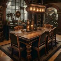 ai gegenereerd een grillig steampunk-thema dining kamer met versnellingen net zo foto