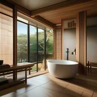 ai gegenereerd een rustig Japans onsen-geïnspireerd badkamer met een weken foto