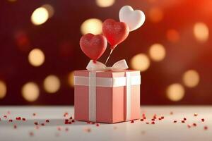 gelukkig Valentijnsdag dag concept met rood geschenk doos en hart vormig ballonnen romantisch banier liefde concept door ai gegenereerd foto