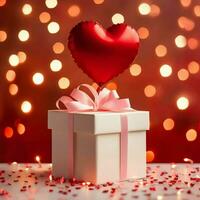gelukkig Valentijnsdag dag concept met rood geschenk doos en hart vormig ballonnen romantisch banier liefde concept door ai gegenereerd foto