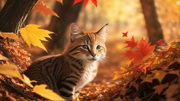 ai gegenereerd een aanbiddelijk kat in de midden van een pittoreske herfst Woud foto