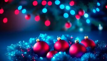 ai gegenereerd rood Kerstmis kleur achtergrond met slinger en Kerstmis ballen ai gegenereerd foto