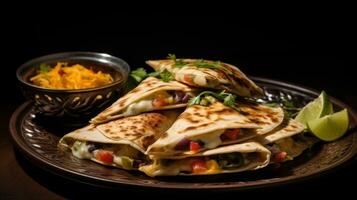 ai gegenereerd bord van Mexicaans quesadilla's met spinazie en kaas, gegarneerd met limoen en kruiden, gepresenteerd Aan een houten tafel tegen een donker achtergrond. perfect voor voedsel en restaurant thema's. foto