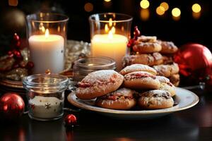 ai gegenereerd feestelijk tafelblad versierd met vakantie themed koekjes en gloeiend kaarsen, Kerstmis achtergrond foto