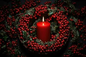 ai gegenereerd feestelijk vakantie kaarsen geregeld in een cirkel met groenblijvend takken en rood bessen, Kerstmis behang foto