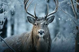 ai gegenereerd majestueus rendier in een winter wonderland versierd met wervelende sneeuwvlokken, Kerstmis afbeelding foto