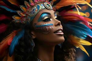 ai gegenereerd feestelijk schouwspel vrouw in carnaval masker onder kleurrijk vuurwerk, kleurrijk carnaval afbeeldingen foto