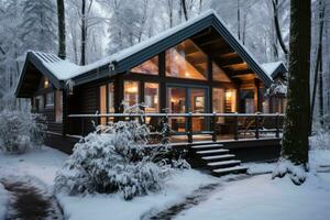 ai gegenereerd een cabine genesteld te midden van sneeuw gedekt bomen, hygge concept foto