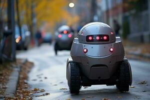 ai gegenereerd Geavanceerd toezicht wet handhaving robots zorgen voor stad veiligheid, futurisme beeld foto