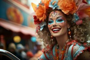 ai gegenereerd carnaval optocht charme vrouw speels gemaskeerd elegantie, feestelijk carnaval foto's foto