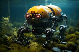 ai gegenereerd diep zee exploratie robots en Geavanceerd onderwater- drones onthullend oceaan mysteries, futurisme beeld foto