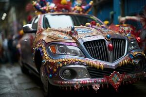 ai gegenereerd een levendig Venetiaanse carnaval themed auto's en drijft optocht door de straten in een Scherm van creatief schittering, kleurrijk carnaval afbeeldingen foto
