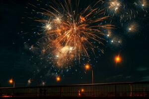 ai gegenereerd kleurrijk vuurwerk verlichten de nacht lucht, vermenging met de melkachtig manier ai gegenereerd foto