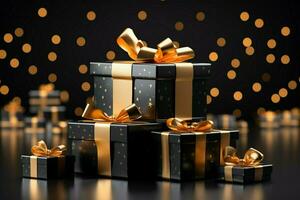 ai gegenereerd realistisch zwart Kerstmis cadeaus versierd met goud linten voor een zwart vrijdag uitverkoop ai gegenereerd foto