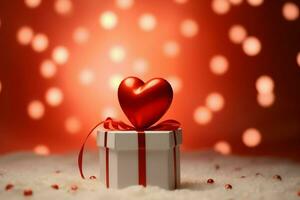 gelukkig Valentijnsdag dag concept met rood geschenk doos en hart vormig ballonnen romantisch banier liefde concept door ai gegenereerd foto