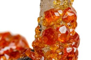 macro mineraal steen spessartine, oranje, rood granaat met kwarts Aan wit achtergrond foto