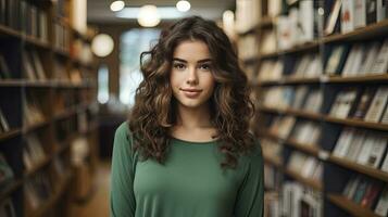 ai gegenereerd een 20 jaar oud vrouw in een groen jurk en golvend haar, in boekhandel planken. foto