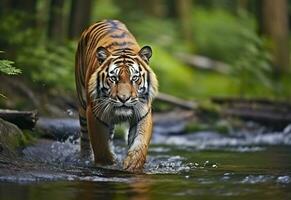 ai gegenereerd amur tijger wandelen in de water. gevaarlijk dier. dier in een groen Woud stroom. generatief ai foto