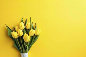 ai gegenereerd top visie ontwerp van vakantie groet tulp bloem boeket Aan helder geel achtergrond. ai gegenereerd foto
