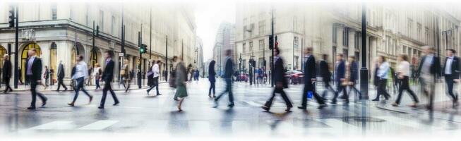 ai gegenereerd wandelen mensen vervagen. veel van mensen wandelen in de stad van Londen. breed panoramisch visie van mensen kruispunt de weg. ai gegenereerd foto