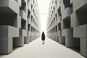 ai gegenereerd vrouw wandelen in futuristische brutalist stad straat. ai gegenereerd. foto