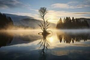 ai gegenereerd wanaka's eenzaam wilg boom welke is gelegen alleen maar uit van de meer oever. ai gegenereerd foto