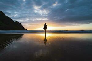 ai gegenereerd een persoon wandelen Aan de strand Bij zonsondergang. ai gegenereerd. foto