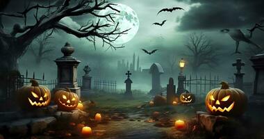 ai gegenereerd pompoenen in begraafplaats in de spookachtig nacht, halloween achtergrond. generatief ai foto