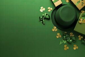 ai gegenereerd st Patrick dag concept. elf van Ierse folklore hoofddeksels geschenk dozen pot met goud munten. ai gegenereerd foto