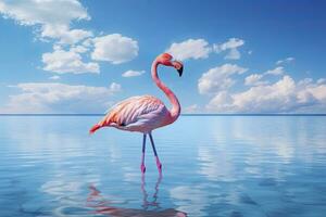 ai gegenereerd roze flamingo in de water. ai gegenereerd foto