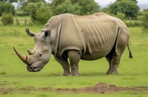 ai gegenereerd zuiden Afrikaanse neushoorn grazen. ai gegenereerd foto