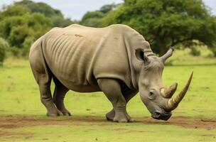 ai gegenereerd zuiden Afrikaanse neushoorn grazen. ai gegenereerd foto