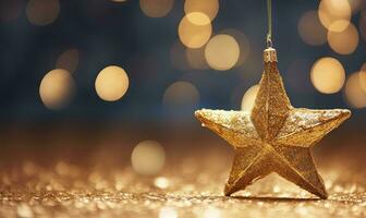 ai gegenereerd sprankelend gouden Kerstmis ster. ornament decoratie onscherp bokeh achtergrond. ai gegenereerd foto