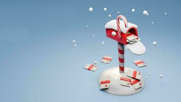 schattig 3d geven Kerstmis mail doos vol van mails in sneeuw achtergrond. foto