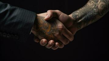 ai gegenereerd tatoeëren handdruk twee zakenlieden betekent: geslaagd overeenkomst zwart achtergrond. generatief ai foto