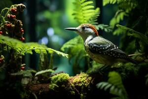 ai gegenereerd specht vogel in tropisch Woud foto