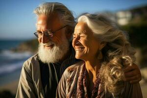 ai gegenereerd senior paar- knuffelen door de zee genieten pensioen en eenheid foto