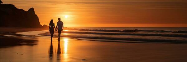 ai gegenereerd liefhebbend paar wandelingen langs de strand Bij schemer in een sereen instelling foto