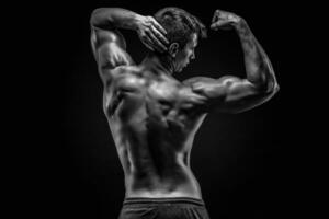 gezond gespierd jong Mens tonen terug en biceps spieren foto
