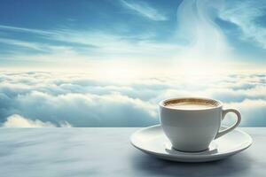 ai gegenereerd heet koffie met rook in de ochtend- onder blauw lucht. ai gegenereerd foto