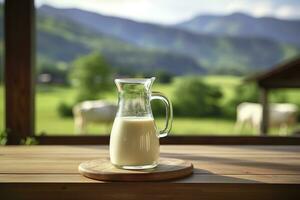 ai gegenereerd glas werper met vers melk Aan een houten tafel. ai gegenereerd foto