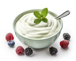 ai gegenereerd groen kom van Grieks yoghurt en vers bessen geïsoleerd Aan wit achtergrond. ai gegenereerd foto