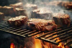 ai gegenereerd vlees grillen Aan een houtskool rooster met rook stijgende lijn. ai gegenereerd foto