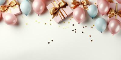 ai gegenereerd verjaardag partij banier roze blauw goud samenstelling, geschenkdoos, ballonnen, confetti, concept cadeaukaart, kopiëren ruimte, wit achtergrond foto